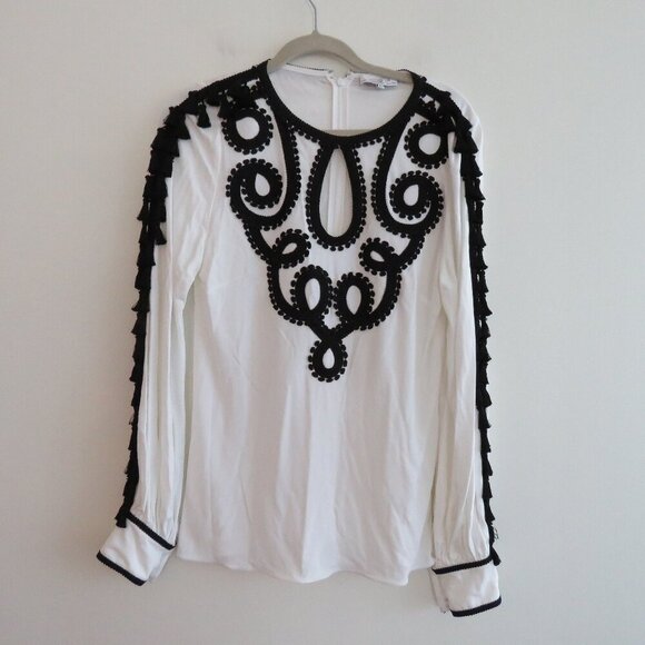 ANDREW GN F19 White Black Tassel Cut Out Embroidered White Black Top - Sz US 4 - Picture 3 of 16